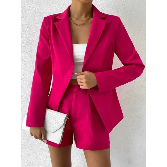 2 piece set Lapel collar Single Button Blazer & tailored Shorts hot pink - Picture 4 of 9